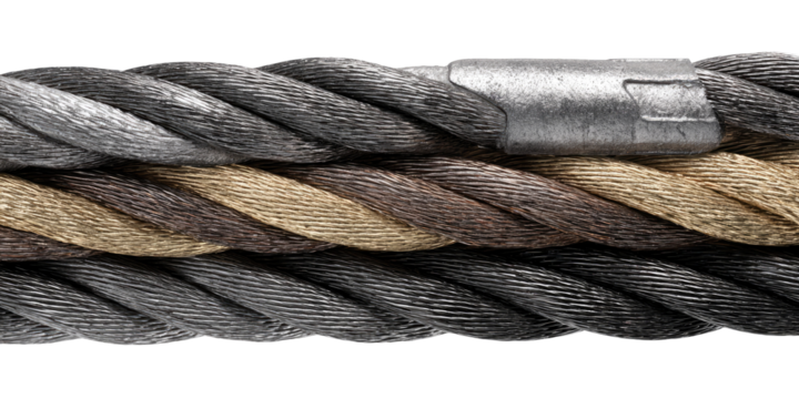 Close-up view of multiple layers of twisted rope, various shades of gray, beige, and brown.  A metallic fitting is visible