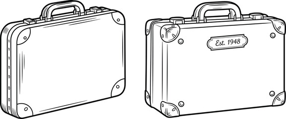 Vintage suitcase CAD drawing, flat vector illustration, travel luggage design, retro briefcase style, detailed outline sketch, classic travel accessory artwork