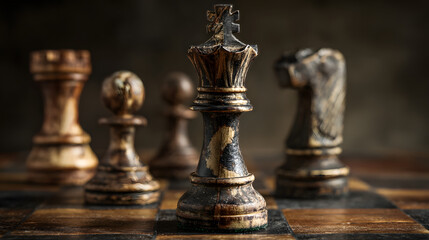 Chess pieces on grungy board, king prominent, dark backdrop