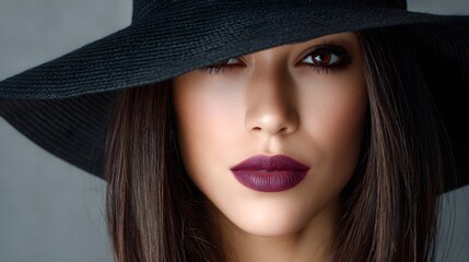 Elegant woman with brown eyes and plum lips face partially hidden by a wide-brimmed black hat.