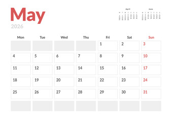 Monthly page Calendar Planner Template design of May 2026. Vector layout of calendar with week start Monday for Scheduling. Page for size A4 or 21x29.7 cm