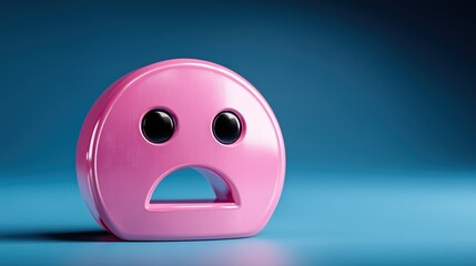 Fototapeta premium Pink stylized emoticon with a sad expression, conveying feelings of disappointment and unhappiness on a vibrant blue backdrop