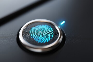 Close up of illuminated fingerprint scanner button symbolizing biometric identification, digital security, privacy protection, and modern authentication technology