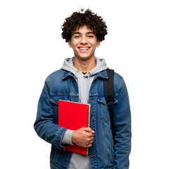 Cheerful young student with curly hair, backpack, and notebook, smiling happily for a portrait isolated on a white background.