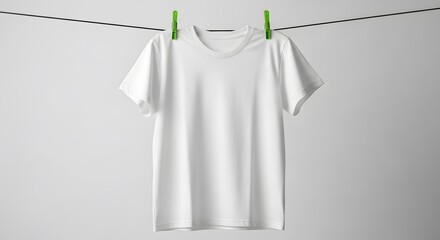 Plain white t shirt hanging on clothesline isolated on white background