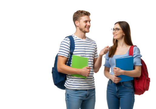 Cheerful young student couple with backpacks and books talking together, isolated on a white background