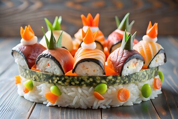 Creative sushi cake with crowned salmon and tuna nigiri for a celebration.