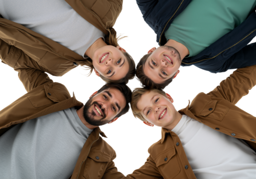 United family in a circle seen from a low-angle perspective. Happy parents and two sons smiling together, expressing love and togetherness.