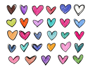 Colorful hand-drawn hearts in various shades