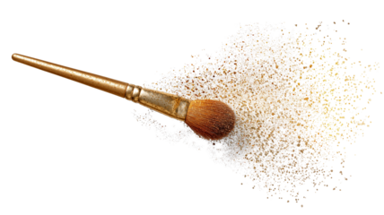 Makeup brush with golden powder exploding outwards against a dark background in a dynamic action shot