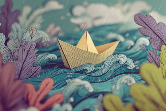 Paper boat navigating stormy seas