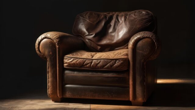 Worn leather armchair in dimly lit room