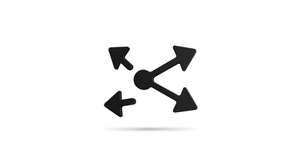 A black arrow icon pointing in four directions isolated on white background, representing expansion and convergence