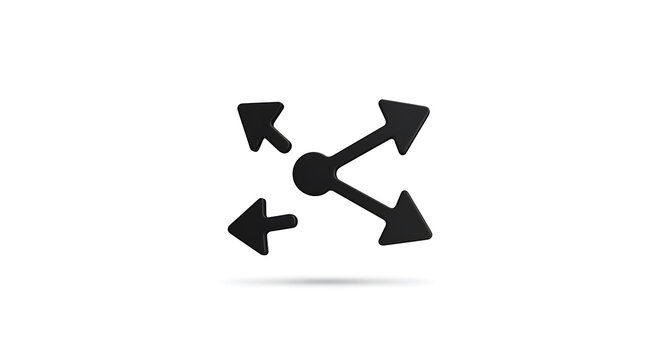 A black arrow icon pointing in four directions isolated on white background, representing expansion and convergence