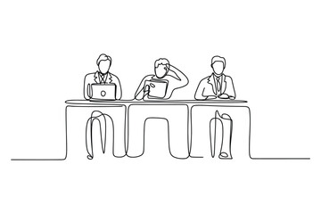 Three Business People Sitting at a Table – One Line Drawing Vector
