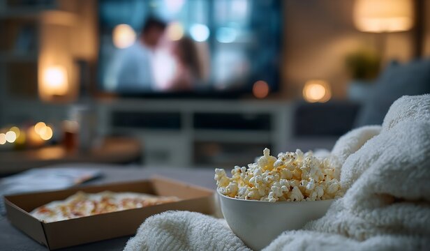 Cozy Living Room with Popcorn Bowl, Pizza Box and Warm Lighting, Blurred TV in Background Playing Romantic Comedy for Inviting Atmosphere