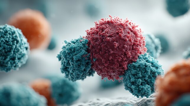 Realistic 3D depiction of NK cells interacting with a cancer cell in immunotherapy
