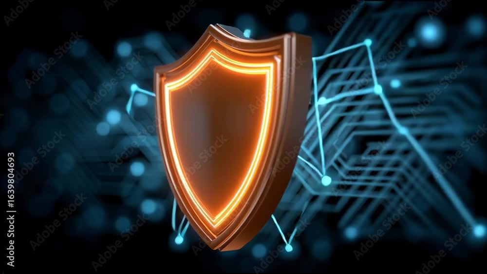 Poster glowing orange shield icon depicted center symbolizing cybersecurity and protection with digital net
