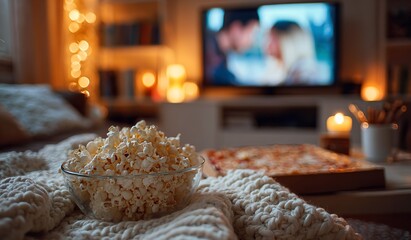 Cozy Living Room with Popcorn Bowl, Pizza Box and Warm Lighting, Blurred TV in Background Playing Romantic Comedy for Inviting Atmosphere