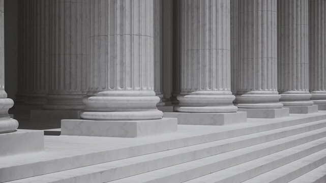 A slow tracking shot past stately marble columns, symbolizing law, justice, government, and finance. Seamlessly loopable Ultra HD 4K 3840x2160 3D animation