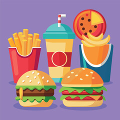 Illustrate a set of realistic fast-food icons—burger, fries, soda, pizza slice—with appealing shading and vibrant colors for menus or food apps.
