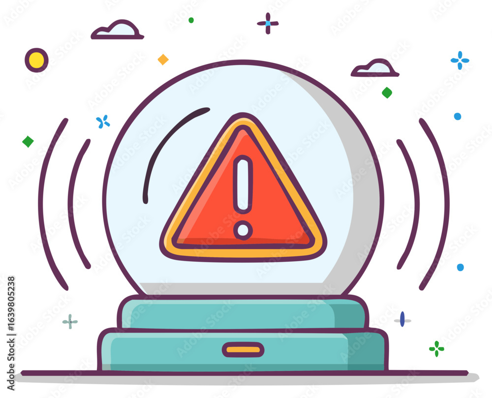 Poster Crystal ball showing a warning symbol with radiating lines predicting future risk and problems