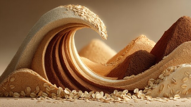 Volumetric oat cluster mounds and bran flake slabs on a muted sandstone background