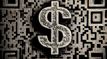A close up of a dollar sign on a qr code background with intricate details and textured appearance art