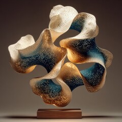 Abstract 3D Render of Intertwined Blue and Gold Curves on Wooden Base