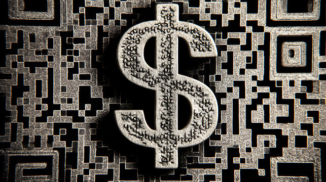 A close up of a dollar sign on a qr code background with intricate details and textured appearance art