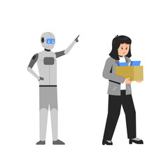 Obraz premium Fired Woman office worker leaving his workplace and humanoid robot staring at his, the impact of AI on employment