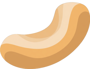 A light beige cashew nut, cartoon style, is depicted in profile view.  The nut's curved shape is emphasized, with subtle shading and stripes giving it a three-dimensional appearance