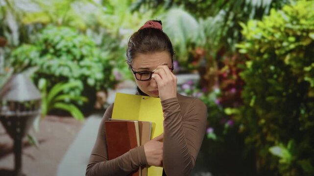 Young woman with glasses holding books in a park looking stressed amidst green foliage background outdoor setting serene environment peaceful atmosphere relaxing natural retreat