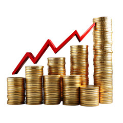Stack of gold coins with red growth arrow isolated on transparent background