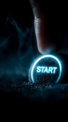 Dramatic close-up of a finger about to press a glowing blue neon start button on a granular surface.