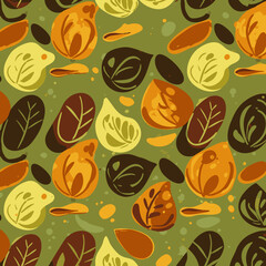 A vibrant, hand-drawn seamless pattern features abstract organic shapes like leaves and seeds in a warm, earthy autumn color palette.