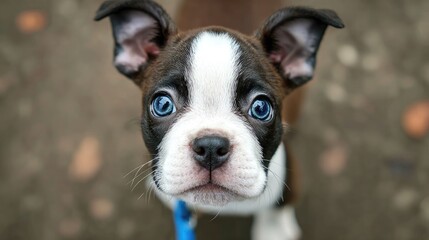 Fototapeta premium Adorable Boston Terrier puppy looking up