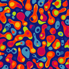 Fototapeta premium A vibrant, seamless abstract pattern featuring colorful, organic amoeba-like shapes in a playful, retro-inspired psychedelic design on a deep blue background.