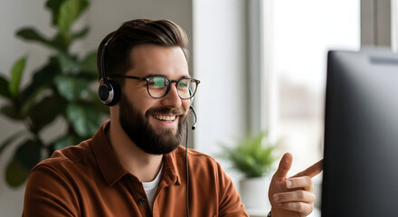 Happy customer service agent providing excellent support via online chat smiling helpdesk representative tech support friendly assistance helpful operator communication solutions