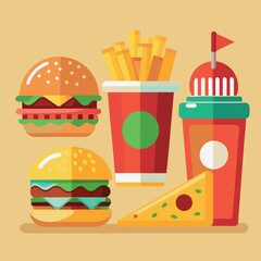 Illustrate a set of realistic fast-food icons—burger, fries, soda, pizza slice—with appealing shading and vibrant colors for menus or food apps.
