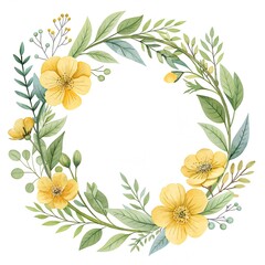 Fototapeta premium watercolor wreath with yellow buttercups and greenery