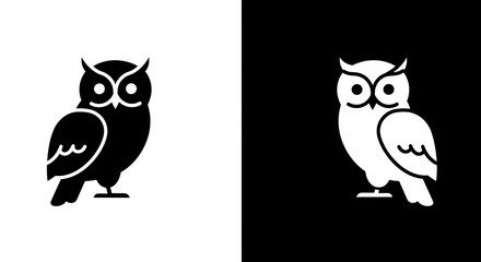 Two stylized black and white owl silhouettes, contrasting backgrounds.
