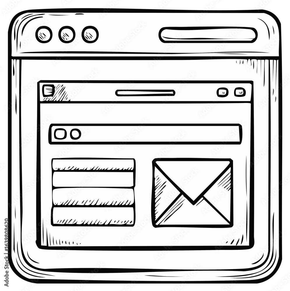 Poster hand drawn sketch of a digital interface screen with a letter icon and navigation elements