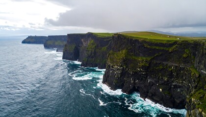 Dramatic cliffs meet the churning ocean waves.