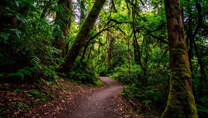 Obraz premium A pathway winds through a lush, mossy forest.