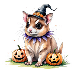 A cute little marsupial wearing a witch hat and a collar, sitting between two jack-o'-lanterns.