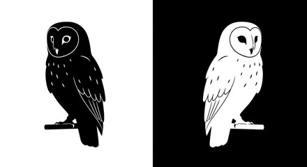Two contrasting black and white silhouettes of barn owls perched on branches.
