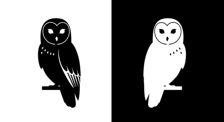 Barn owl silhouette, perched, black and white, graphic design, dual color scheme.