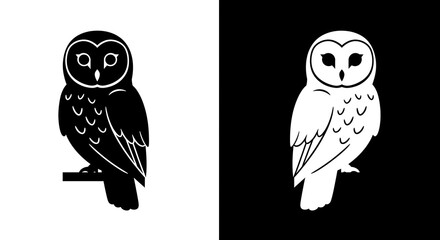 Stylized barn owl illustration, black and white versions, perched, bird, graphic design.