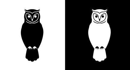 Two stylized owl silhouettes, one black on white, the other white on black background, facing forward.
